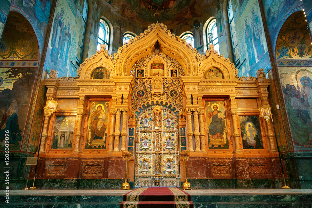 Saint Petersburg Russia. Russian Orthodox Church of the Saviour on Spilled Blood. The altar screen of gold and precious stones
