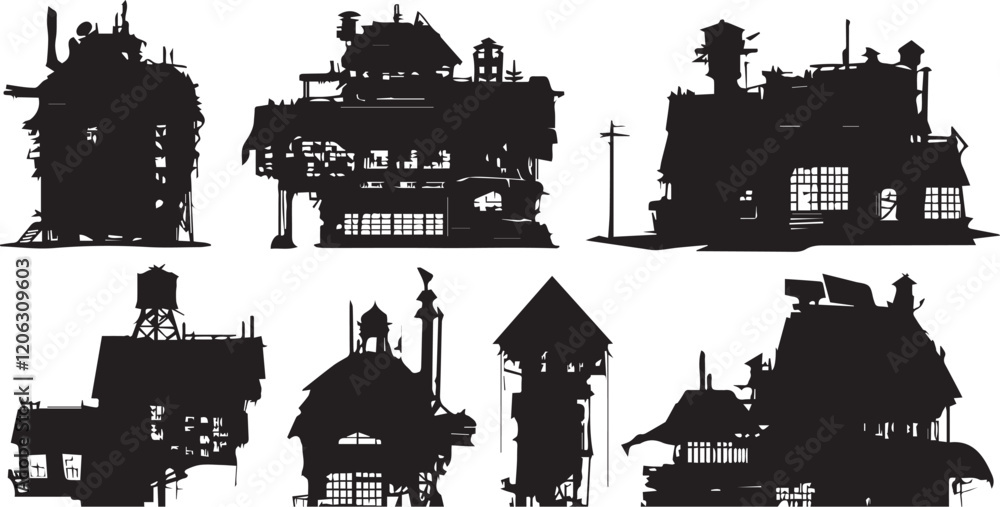 Obraz premium A set of houses silhouettes for flat design. Hand drawn vector illustration