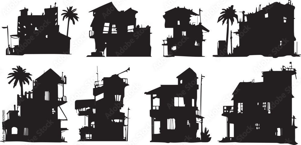 Obraz premium A set of houses silhouettes for flat design. Hand drawn vector illustration