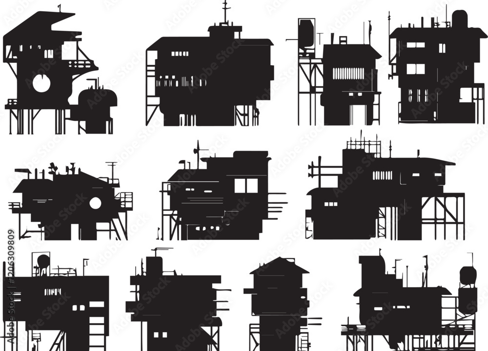 Obraz premium A set of houses silhouettes for flat design. Hand drawn vector illustration