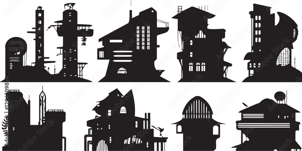 Obraz premium A set of houses silhouettes for flat design. Hand drawn vector illustration