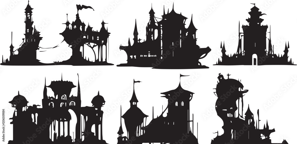 Obraz premium A set of houses silhouettes for flat design. Hand drawn vector illustration