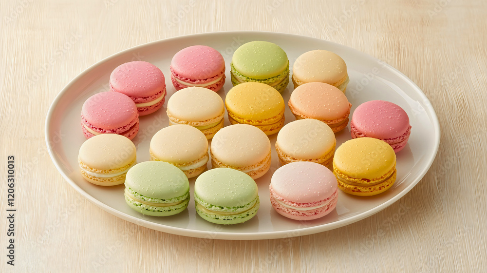 Obraz premium French macarons, famous treats from France, are very beautiful and delicious pastries served on a porcelain plate, presented in a very elegant and creative way.