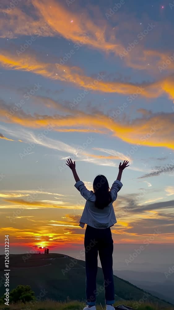 A silhouette of person with arms slightly raised in a hopeful gesture stand on a hilltop at sunset, facing a vast sky filled with glowing light and soft clouds. Dreams coming true. Footage, 4k A silhouette of person with arms slightly raised in a hopeful gesture stand on a hilltop at sunset, facing a vast sky filled with glowing light and soft clouds. Dreams coming true. Footage, 4k