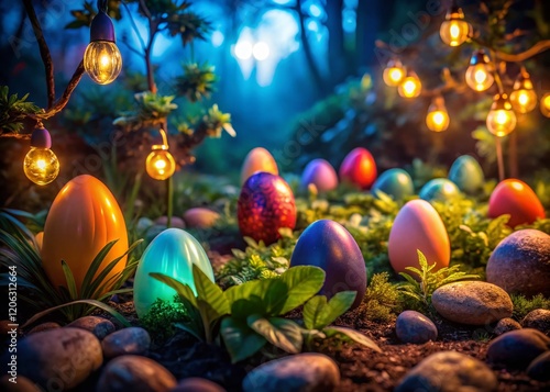 Night Easter Egg Hunt, Illuminated Easter Eggs in Dark Garden, Festive Spring Holiday photo