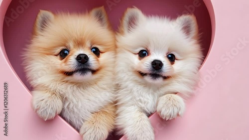 Cute pomeranian puppies playing in a heart-shaped frame during a playful moment indoors