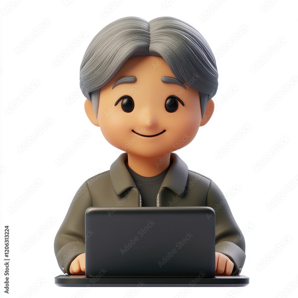 Middle-aged Asian man memoji working on laptop with a soft smile in a casual jacket on a white background Middle-aged Asian man memoji working on laptop with a soft smile in a casual jacket on a white background