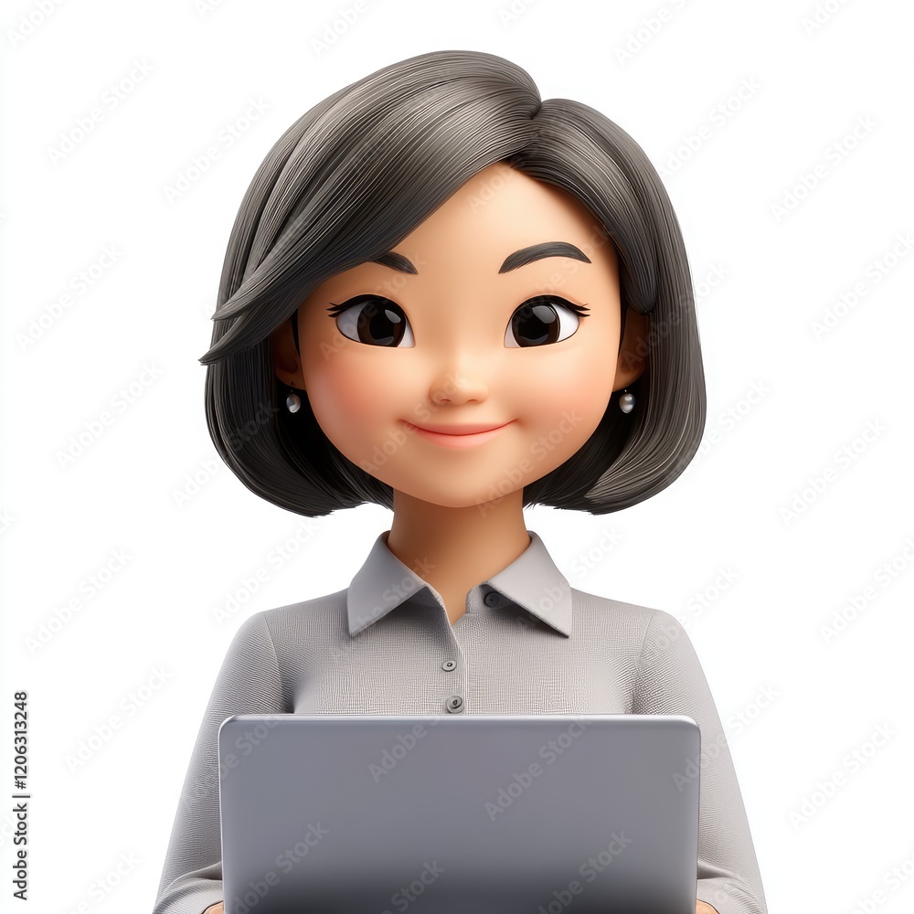3D memoji of middle-aged Asian woman smiling while working on a laptop with a formal dress shirt against a white background 3D memoji of middle-aged Asian woman smiling while working on a laptop with a formal dress shirt against a white background