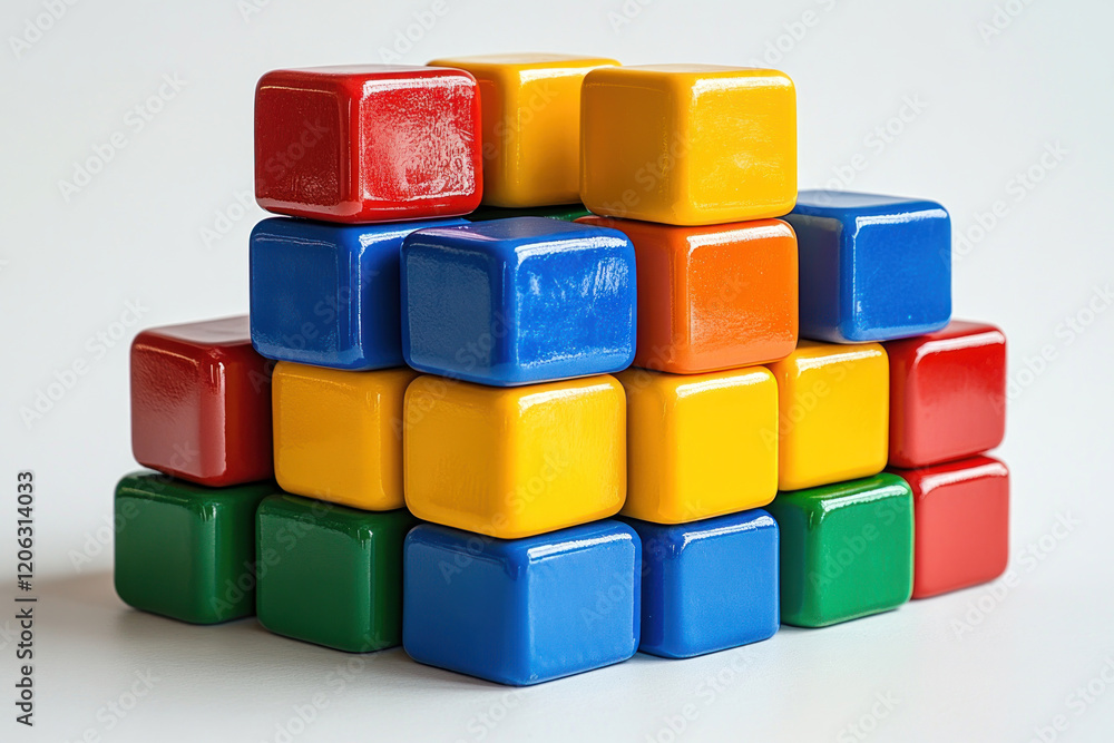 bright plastic cubes of various colors: red, blue, yellow and green. The cubes are neatly stacked in a pyramid, creating a structure. bright plastic cubes of various colors: red, blue, yellow and green. The cubes are neatly stacked in a pyramid, creating a structure.