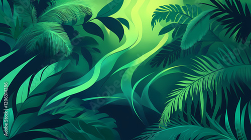 Fototapeta Naklejka Na Ścianę i Meble -  Emerald mist curling through dense ferns blending minimalism with jungle aura. Emerald Jungle. Illustration