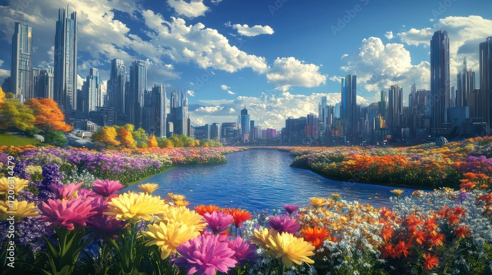 Fototapeta premium Vibrant cityscape with colorful flowers blooming along a tranquil river.