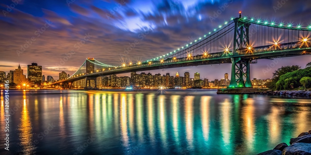 Fototapeta premium Night Photography: East River & RFK Bridge Panorama, Stunning Cityscape View