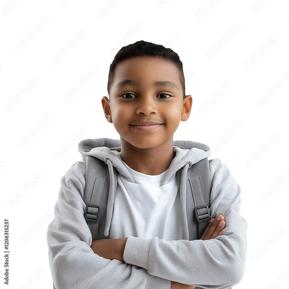 African-American pre-teen male student wearing hoodie and backpack, isolated on white transparent background African-American pre-teen male student wearing hoodie and backpack, isolated on white transparent background