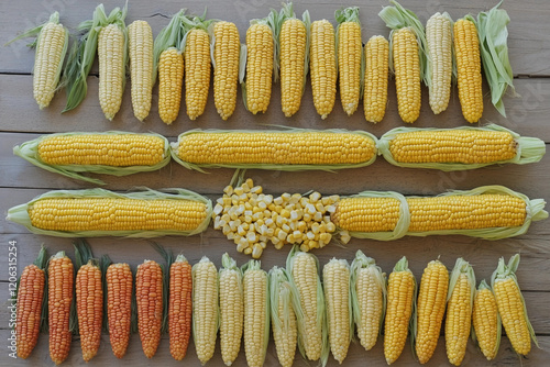 Vibrant display of various corn types on a wooden surface showcasing a bountiful harvest in autumn photo