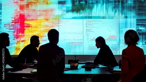 A group of individuals at a table with a large screen displaying colorful graphics and data visualizations
