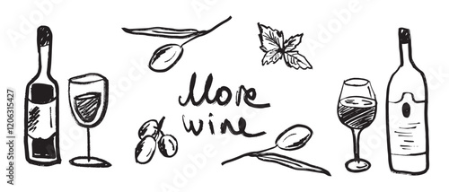 Wine bottles with glass of wine, olive and grape with basil leaves in brush stroke texture isolated on white background. Hand drawn vector sketch illustration in vintage charcoal ink. Menu design