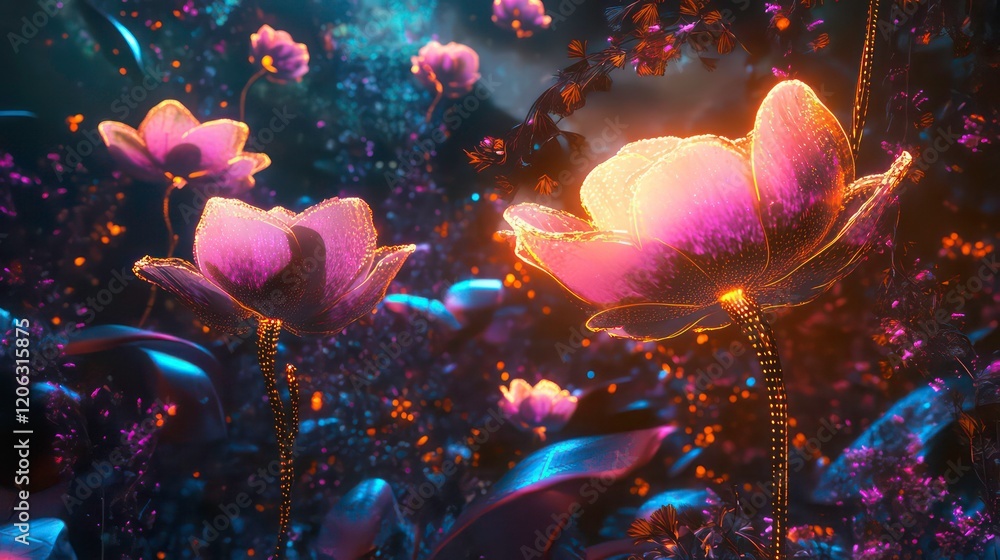 Glowing pink and orange flowers in a dark, fantastical garden. Glowing pink and orange flowers in a dark, fantastical garden.