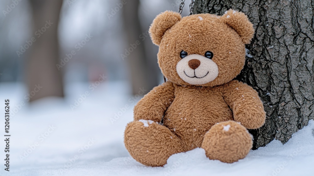 Obraz premium Snowy woods, teddy bear, winter scene, lost toy