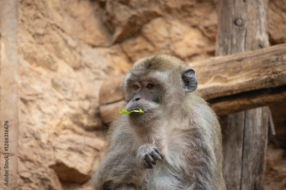 Fototapeta premium macaque crabier prenant son repas, en gros plan.