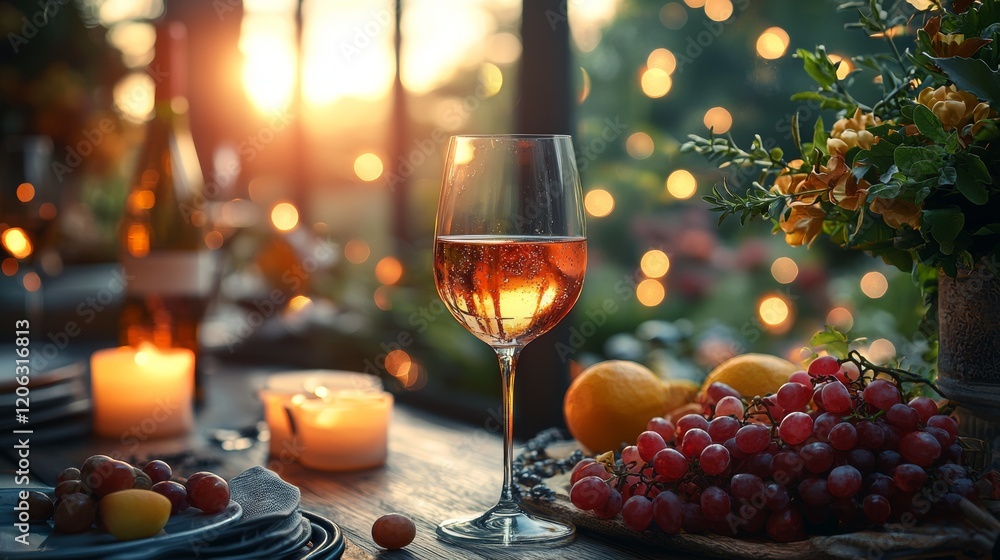 Candlelit dinner with wine and grapes in a cozy setting Candlelit dinner with wine and grapes in a cozy setting