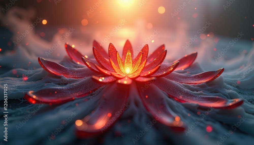 Mesmerizing Red Lotus Flower Illuminated by Radiant Light Against Blurred Background Mesmerizing Red Lotus Flower Illuminated by Radiant Light Against Blurred Background