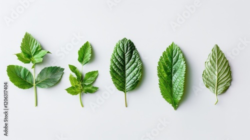 Illustration of the five stages of leaf development set against a white background