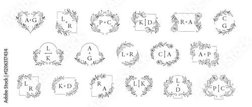 Wedding monogram logos floral decorative design with bride and groom initials and foliage ornaments