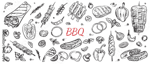 Barbeque street food collection in brush stroke texture isolated on white background. Hand drawn vector sketch illustration in vintage charcoal ink style. Shawarma, doner kebab, pita, meat on skewer