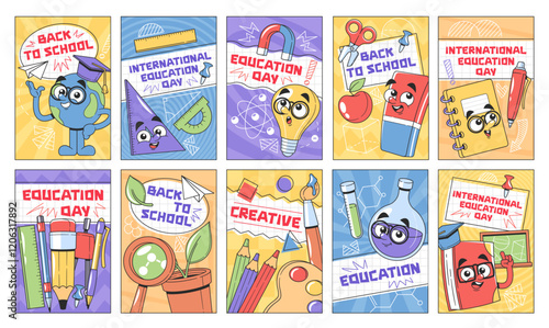 Back to school, international educational day, creativity and art promotion banners cartoon set
