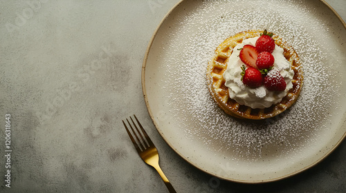 Delicious waffles topped with whipped cream and fresh strawberries, dusted with powdered sugar. A perfect breakfast treat!