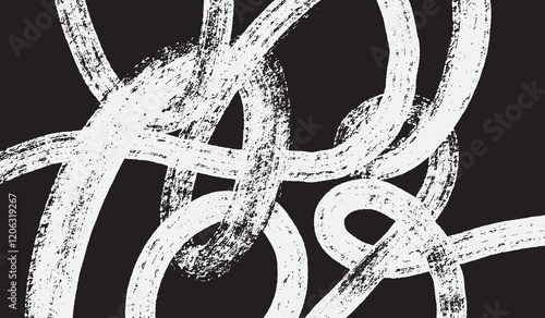 Hand draw grunge featuring intertwining curvy brush stroke lines in varying shades of black and white creating a dynamic and modern, art abstract. Vector illustration for interior, design, art.