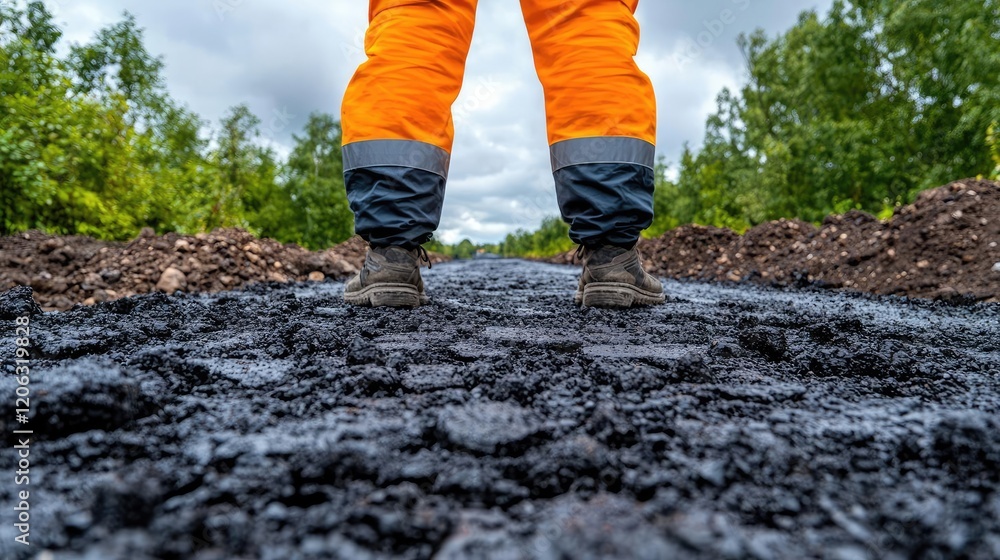 Road construction worker's boots on fresh asphalt, rural setting. Use Construction industry Road construction worker's boots on fresh asphalt, rural setting. Use Construction industry