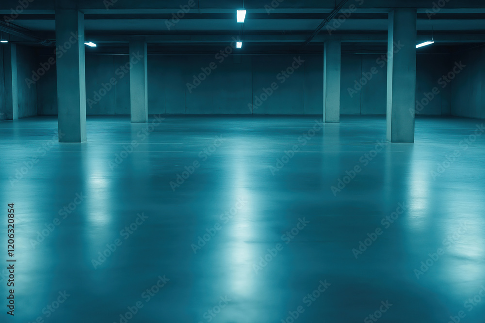 Fototapeta premium Empty underground parking garage illuminated by bright fluorescent lights in the evening