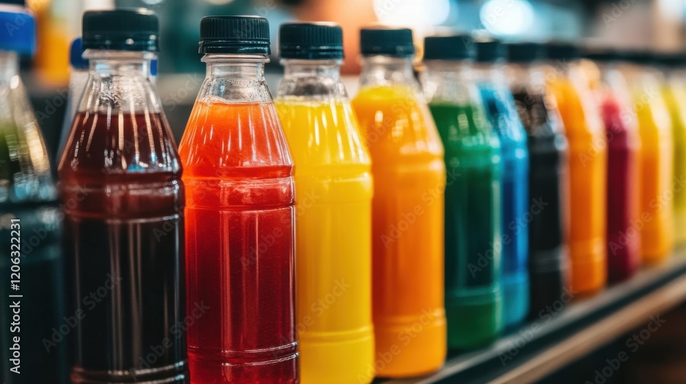 A vibrant display of colorful beverage bottles arranged on a shelf in a store setting A vibrant display of colorful beverage bottles arranged on a shelf in a store setting
