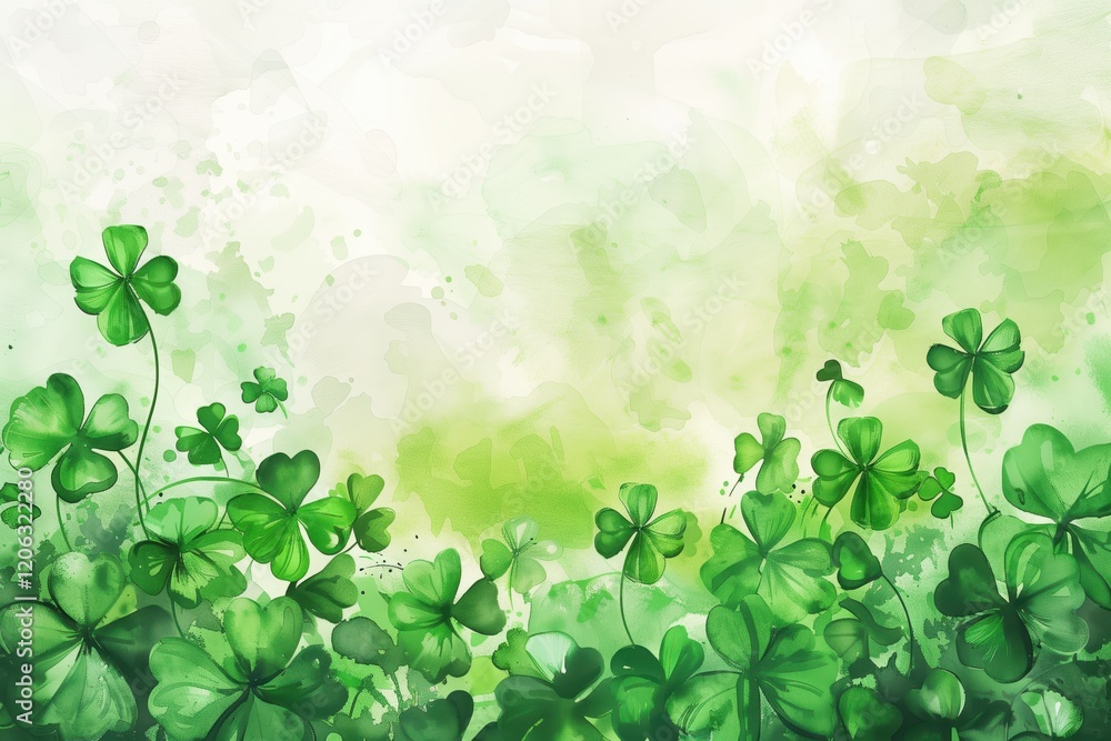 Watercolor green four leaf clovers creating festive St. Patrick's Day background pattern Watercolor green four leaf clovers creating festive St. Patrick's Day background pattern