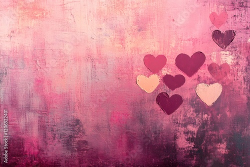 Pink and burgundy painted hearts on textured canvas create a romantic valentine's day background