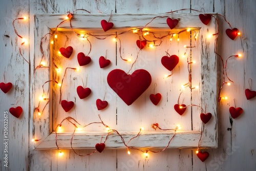 Red hearts and string lights decorating a white frame on a rustic wooden background create a romantic valentine's day scene