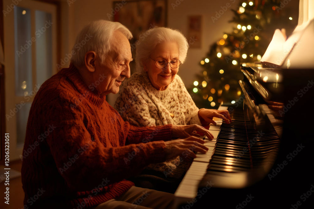 Senior couple playing piano near illuminated Christmas tree, enjoying Christmas Eve together Senior couple playing piano near illuminated Christmas tree, enjoying Christmas Eve together