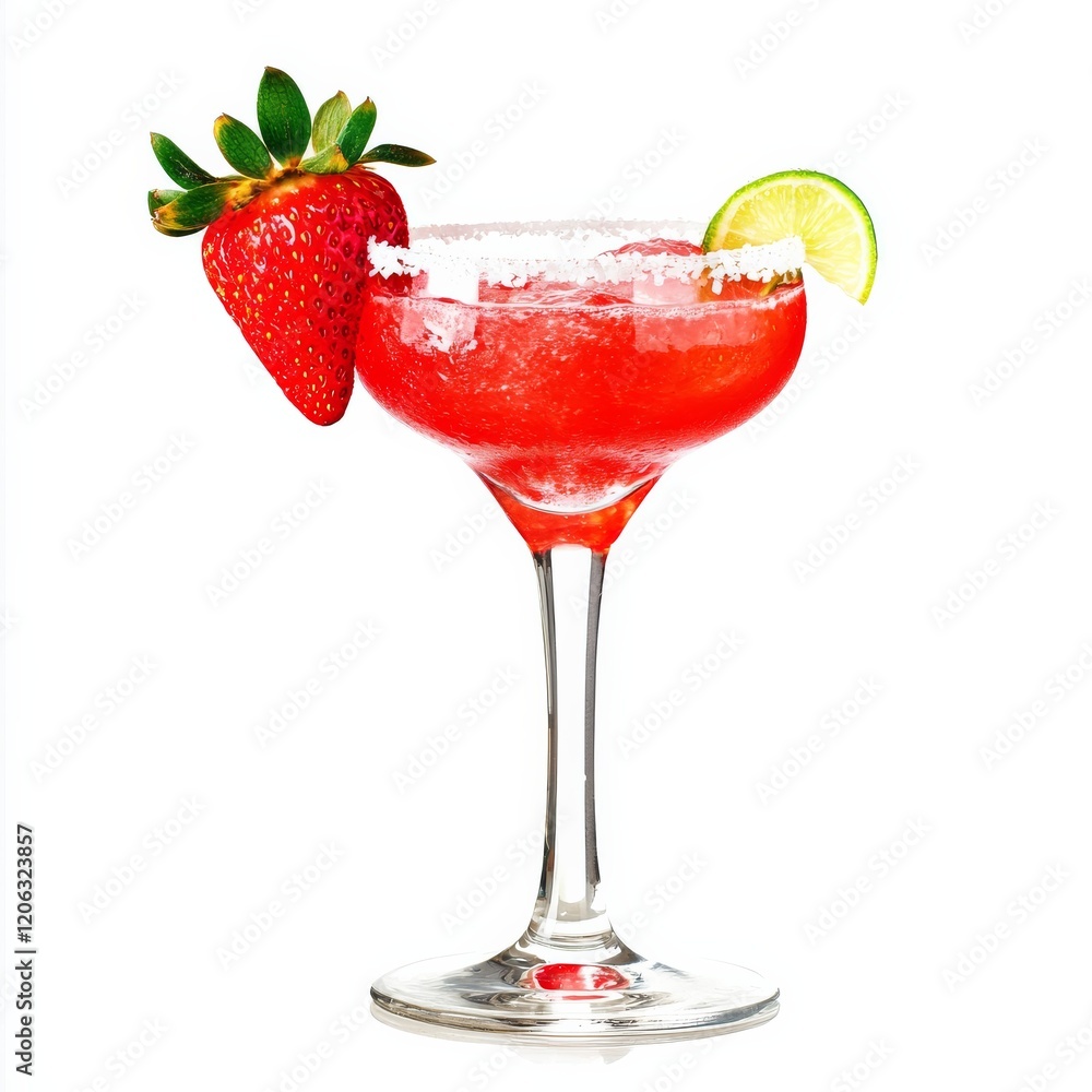 A fruity and vibrant Strawberry Margarita cocktail with tequila, strawberry puree, lime juice A fruity and vibrant Strawberry Margarita cocktail with tequila, strawberry puree, lime juice