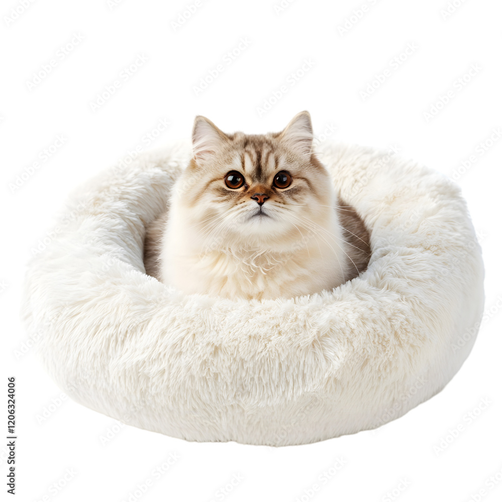 Obraz premium Fluffy Cat in Cozy Cream Pet Bed Soft Round Cat Nest Adorable Kitten Pet Supplies Anim