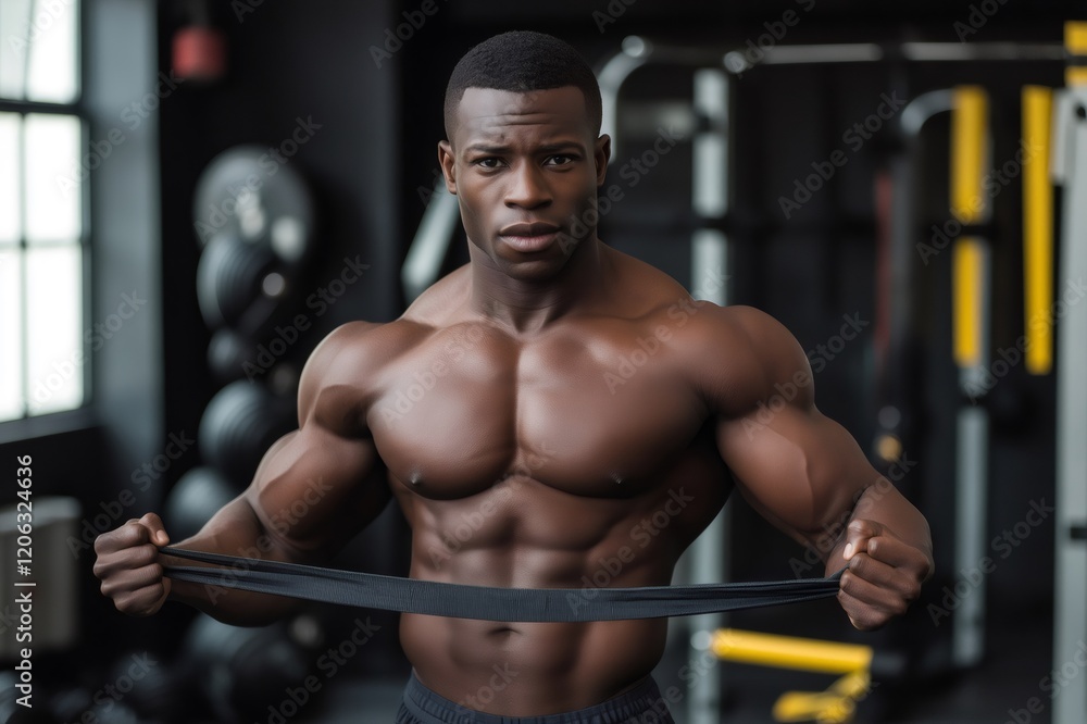 Strong sportsman showing his muscles and stretching resistance band during workout in modern gym Strong sportsman showing his muscles and stretching resistance band during workout in modern gym