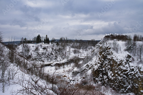 Former Kadzielnia quarry - an inanimate nature reserve, established in 1962 - The reserve is crossed by trails: urban and walking: green and blue. Winter 2025, Kielce, Poland