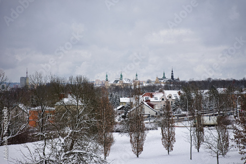 Kielce, Poland, 12 January 2025, A view of the panorama of the city of Kielce - in the distance you can see the Palace of the Krakow Bishops and the tower of the cathedral church