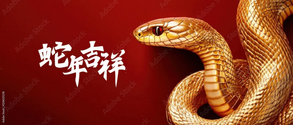 Fototapeta premium Golden snake with red eyes on red background with Chinese calligraphy for the year of the snake Concept of Chinese New Year and zodiac