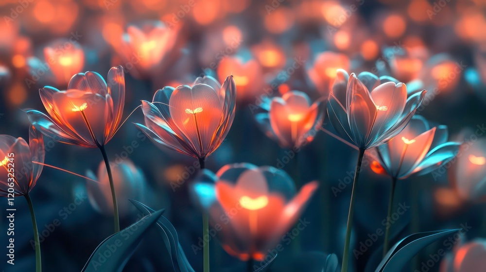 Glowing tulips in a field at dusk. Glowing tulips in a field at dusk.