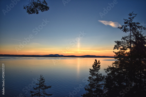 San Juan Islands dusk sunset treeline coast views fro Lopez Island summer 2024, archipelago Washington, United States