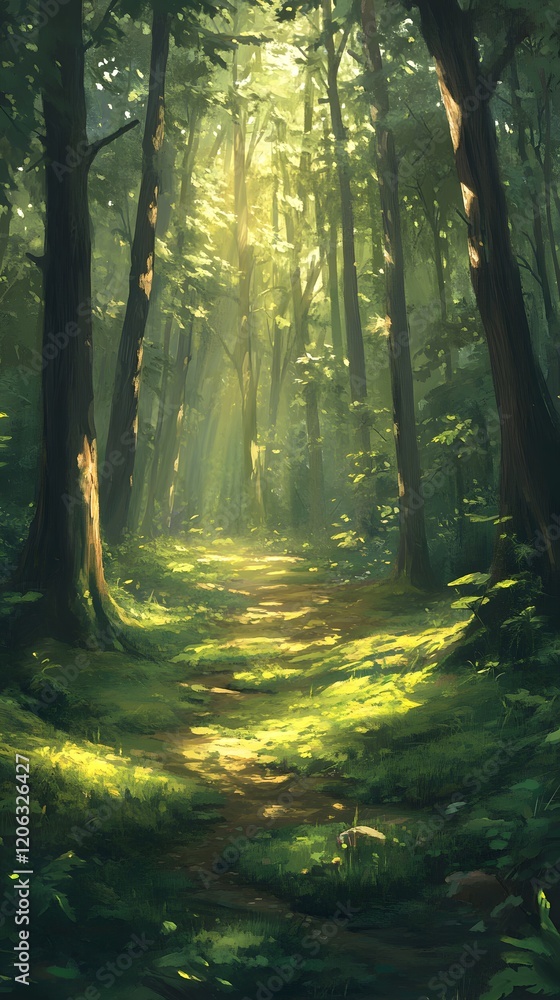 Obraz premium Sunlight through trees in a dense forest 