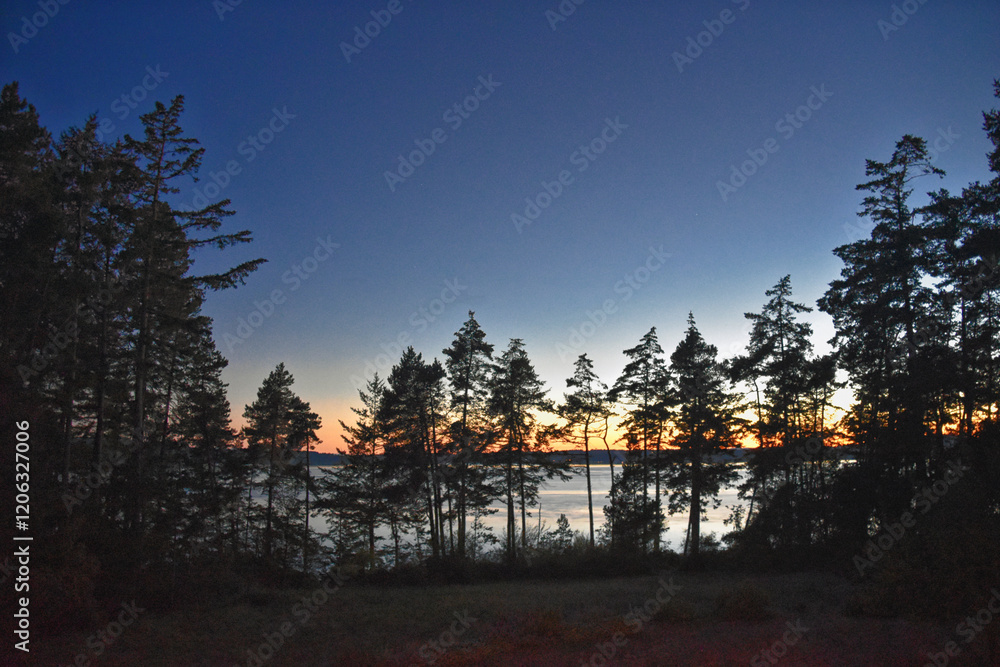 San Juan Islands dusk sunset treeline coast views fro Lopez Island summer 2024, archipelago Washington, United States
