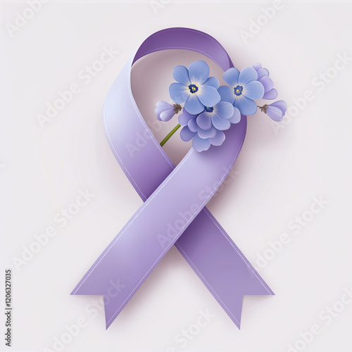 Dementia awareness ribbon with forget-me-not flowers representing memory on soft background