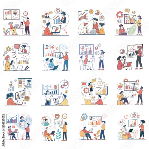 set business flat vector illustration design cartoon character working action style concept. data analytics. finance investment. online video conference meeting. finance investment business planning. 